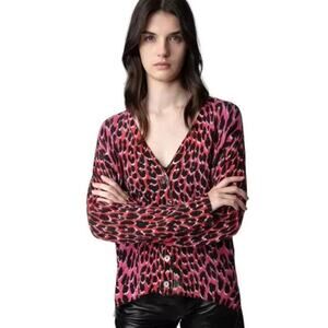 ZADIG & VOLTAIRE Mirka Cashmere Leopard Print Cardigan Size Medium Pink Animal